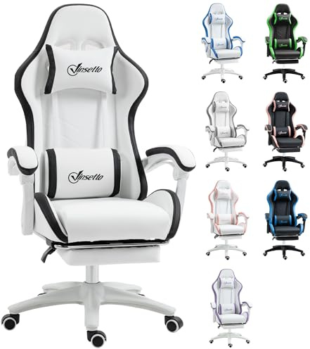 Vinsetto Silla Gaming Ergonómica, Silla Gamer de Cuero PU con Reclinable 135°, Soporte Lumbar, Altura Ajustable, Reposacabezas y Reposapiés Retráctil, para Oficina, Estudio, Blanco y Negro