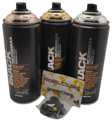 PROGAL COLORS Montana Black - Juego de 3 Botes de Spray de Pintura de 400 ml en Colores Plateado, Cobre y Dorado, Incluye 3 Cabezales de Pulverización