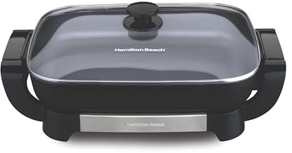 Hamilton Beach Electric Skillet with PFAS-Free Durathon Ceramic Coating, Removable 12x15” Pan, Adjustable Temperature, Reversible Design, Tempered Glass Lid, Black Nonstick Surface (38531)