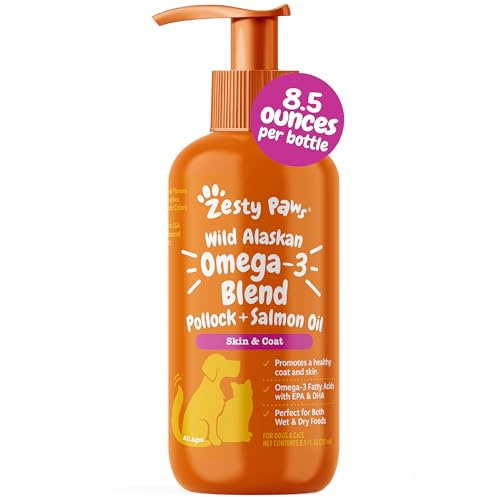Zesty Paws Wild Alaskan Omega-3 Blend Pollock + Salmon Oil for Dogs and Cats- Skin and Coat Support, Omega 3 Supplement for Pets, 8.5oz