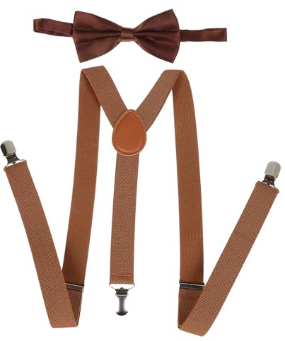 NiceYnn Bretelles avec Nœud Papillon Suspensions Larges Réglable Élastique Extra Fort 3 Clips en Forme Y Marron