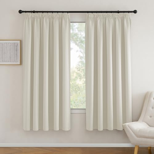 PONY DANCE Blackout Pencil Pleat Curtains, Light Beige, W90 x L72 Inch | Thermal Insulated Curtains with Noise Reducing & Privacy, Luxury Soft Window Treatment for Bedroom & Living Room, 2 Panels