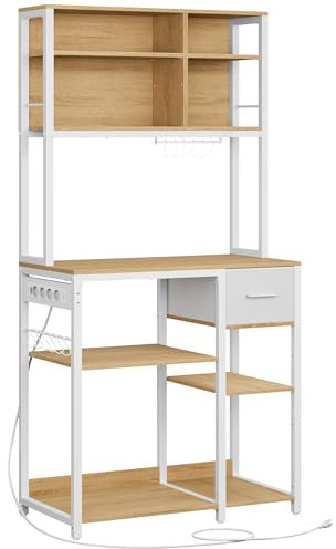 VASAGLE Küchenregal mit Steckdosen, Standregal, 40 x 80 x 180,4 cm, Backregal, verstellbare Ablagen, Stoffschublade, 12 Haken, Küche, goldeichenfarben-wolkenweiß KKS015Y02