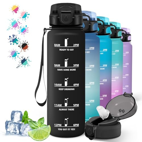 Borraccia da 1 litro con cannuccia, borraccia motivazionale con scala temporale, facile da pulire, per sport, escursionismo, corsa, yoga, colore: nero