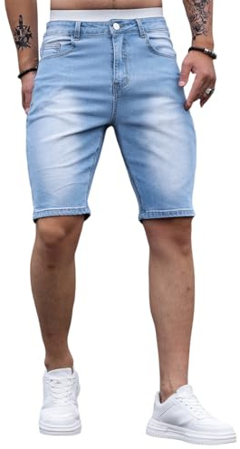 Oanviso Pantaloncini Jeans da Uomo Slim Fit Shorts Jogging Elastici Pantalone Corto con Cerniera Pantaloncini Denim Retro Moda Pantaloncini di Jeans A Blu Chiaro S