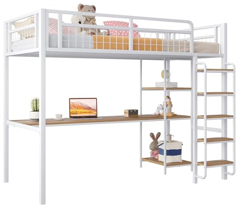 Azkoeesy Cama alta de metal con escritorio, estantería, escalera de 90 x 200 cm, litera, cama juvenil, para adultos y adolescentes, color blanco