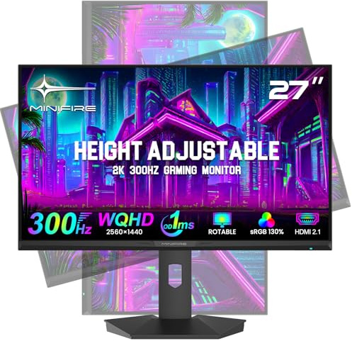 Minifire 27 inch Gaming Monitor, 2560x1440 WQHD 300Hz IPS Panel, DCI-P3 90%, sRGB130%, HDR400, 1ms, Adaptive Sync, Vertical Horizontal Rotation,Tilt Adjustable, DP1.4&HDMI2.1, VESA Mount, MFG27F6Pro