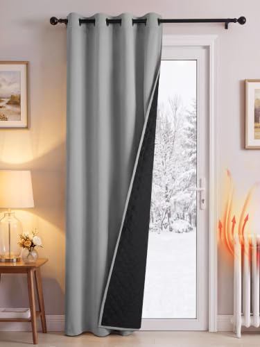 PONY DANCE Thermal Door Curtain with Quilted Lining, Silver Grey, 52x84 | 100% Blackout Heavy Eyelet Curtain for Winter, Double Layer Drape for Living Room & Bedroom, Energy Saving & Privacy, 1 Panel