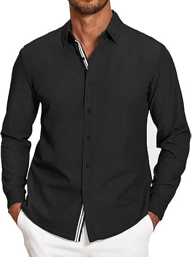 COOFANDY Mens Button Down Shirts Long Sleeve Shirt for Men | Contrast Placket, Faux Denim Texture, Casual, Stretch, Regular Fit, Stylish, Business