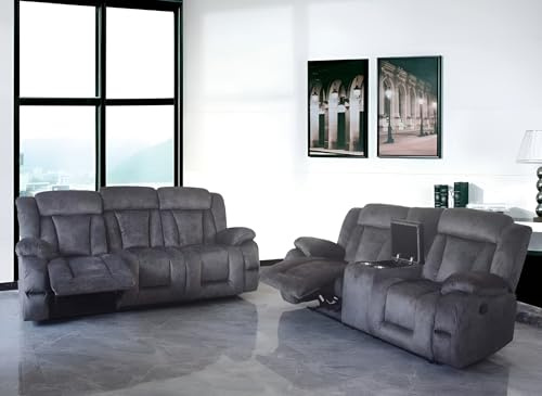 Beunos Fabric Recliner Sofa Set with Cupholders – 3+2 Seater – Manual Recliner – Microfibre Fabric – Grey (3+2 Seater)