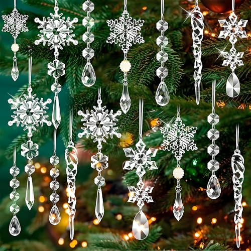 CHENNAN 18 Piezas Adornos de Copos de Nieve de Cristal Acrílico con 18pcs Cintas Acrílico Adorno Colgante Decoración Navideña Carámbanos de Copo de Nieve Transparente Carámbanos Copo de Nieve (A)