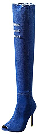 Bottes au-dessus du genou pour femme - Bottes en jean Peep Toe pour femme - Bottes western hautes - Bottes à talons hauts - Bottes en denim - Bottes de cowboy déchirées - Bottes longues à tige