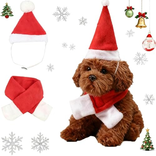 Jecdfs Deguisement de Noël pour Chien Chat,Costume de Noël pour Chat Chien,Costume de pour Animaux de Compagnie,-Bonnet Rouge avec Écharpe, Déguisement Mignon pour Photos et Cadeaux
