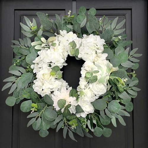 Dörrkrans ytterdörr vit året runt (66 cm) – elegant blomkrans med rosor, dahlior och hortensior – stor konstgjord krans för bröllop och väggdekoration – realistiska sidenblommor (lantlig stil)