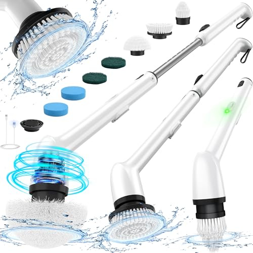 LyriFine Spazzola elettrica per la pulizia completa, IPX7, impermeabile, spazzola elettrica per la pulizia della casa, con manico lungo, 2 velocità, testine di ricambio per bagno