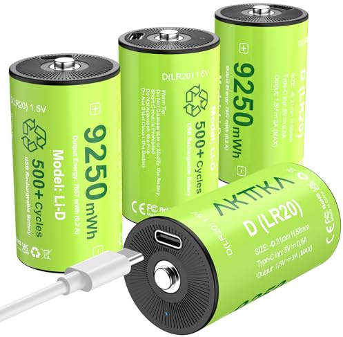 AKTTKA Batterie ricaricabili D, 4 pezzi (9250 mWh), al litio 1,5 V, con cavo di ricarica USB C 4 in 1, formato D per torce, giocattoli e altro ancora