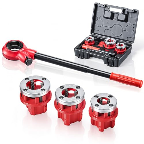 VEVOR Kit de Roscado de Tuberías con Trinquete, Roscadora Manual para Tubos con Trinquete, Juego de Terrajas con 3 Medidas BSPT, Mango y Maletín Portátil para Reparación y Instalación de Tuberías