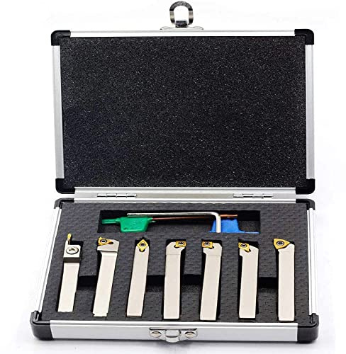 OSCARBIDE 3/8 Shank Heavy-Duty Indexable Lathe Tool Holder 7 pcs Set,CNC Nickel Plated Metal Lathe Cutting Tools for Turning, Grooving, Threading with Tin Coated Carbide Inserts