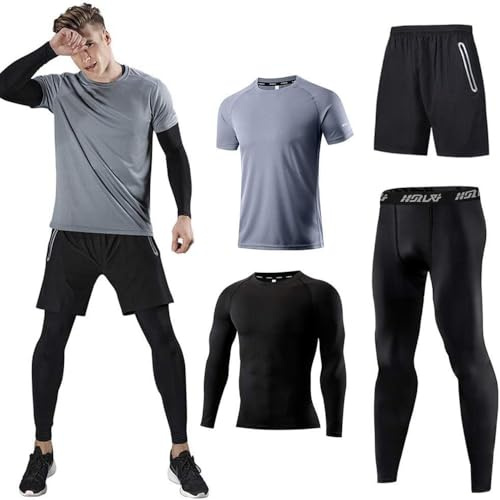 Holure Herr sport löpning set (förpackning med 4) atletisk skjorta + kort/kompression skjorta + byxor skinn träningsoverall gym kostymer, 4-pack: grå, S
