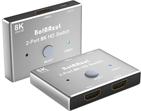 8K HDMI 2.1 Switch Splitter【Nur 2 in 1 Out】, BolAAzuL HDMI Switcher Adapter Direktional - 8K@60Hz, 4K@120Hz, 1080p@120Hz, HDR, UHD, 48Gbps-HDMI Switch 2 Eingang 1 Ausgang für X-Box PS5 PS4 Blau-ray