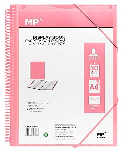 MP, Carpeta de 30 Fundas, Gomas de Cierre, Fundas Transparentes, Incluye una Carpeta Tipo Sobre con Botón,Uso Académico, Oficina, Color Rosa