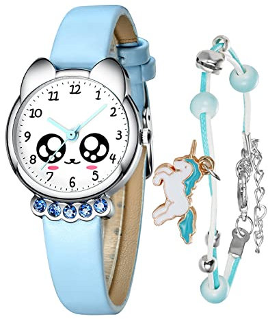 KDM Kinderuhr Mädchen Jungen Set wasserdichte Analog Quarzuhr Teaching Handgelenk Uhren mit Leder Armband Blau