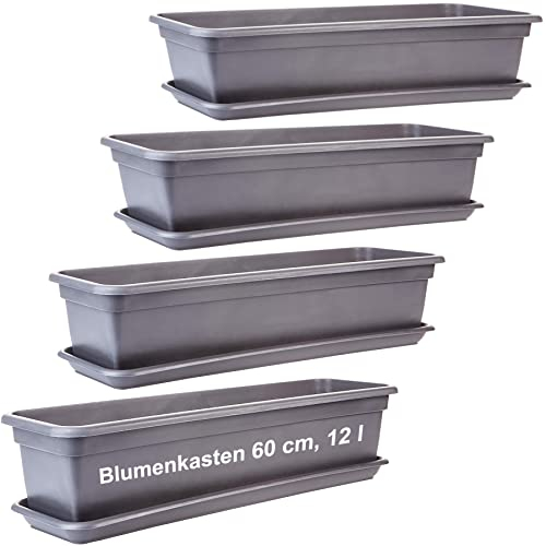 Blumenkasten Balkon 60 cm, 4 Stück Balkonkasten Anthrazit, Blumenkasten Fensterbank außen, Blumenkästen Balkon mit Blumenkasten Untersetzer, Balkonkästen aus Kunststoff, Made in EU, Model: Ena