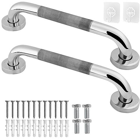 15.7 inch Shower Grab Rail, Happybase 2 Pack 40cm Stainless Steel Bathroom Grab Bar, Shower Handle, Bath Handle Elderly for Bathtub,Toilet,Kitchen,Stairway Handrail,Come with Mounted Screws and Hooks
