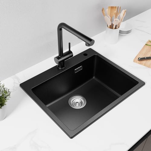 CECIPA Evier Cuisine Noir 55x45cm, 80% Sable Quartz, Évier En Granit, 1 Bac À Encastrer, Évier Cuisine Avec Siphon & Trop-Plein, CNC0603