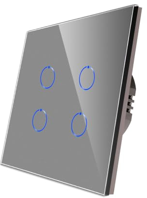 CNBINGO Touch Light Switch with Grey Glass Wall Plate, LED Backlight | 4-Gang 1-Way, No Neutral Wire Required, AC 230V 500W