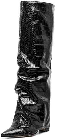 SaraIris Women's Slouchy Knee High Boots - Black, Pointed Toe, Fold Over, Chunky, Shark Boots