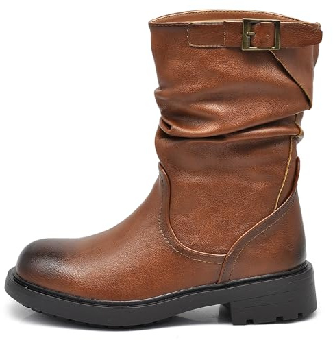G330 Bottes Bottines pour femme Cuir Synthétique Amphibiens Biker Moto Cheville Fibia, 680 Camel, 38 EU