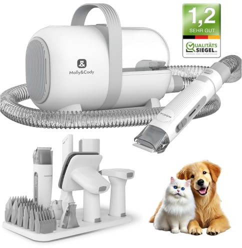 Molly&Cody SAMSON 7-in-1 Fell-Schermaschinen-Set mit Tierhaar-Absaugung für Hund & Katze (6 Aufsätze, effektive & lautstärkereduzierte Saugkraft zur 99% Aufnahme der Tierhaare, kontaktlose Entleerung)