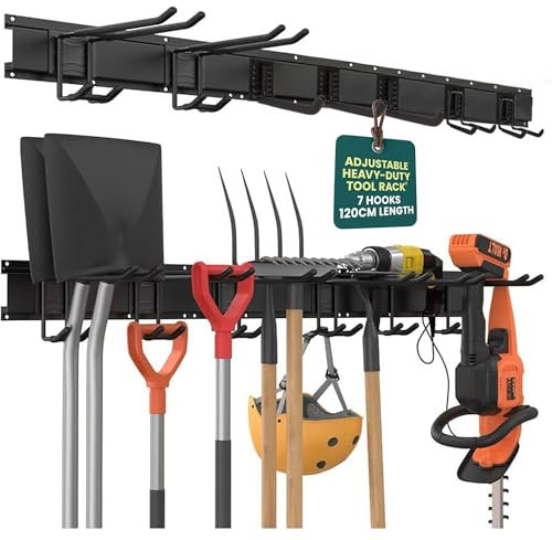 Green Haven Heavy Duty 48-inch Garden Tool Rack – Customisable Wall-Mounted Garage Tool Organiser with 7 Adjustable Hooks, Holds Up to 200KG, Ideal for Garden, Workshop & Shed Storage Solutions