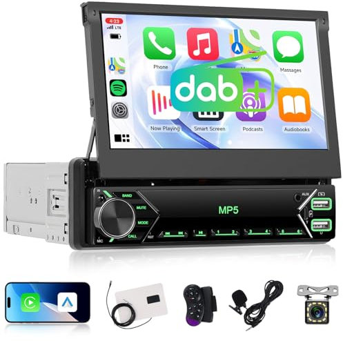 Hodozzy DAB Autoradio 1 Din mit 7 Zoll Bildschirm Ausfahrbar, 1 Din Flip Out Touchscreen Autoradio mit Wireless CarPlay Android Auto, Bluetooth EQ FM Radio, SWC, USB, Typ-C + Rückfahrkamera und MIC