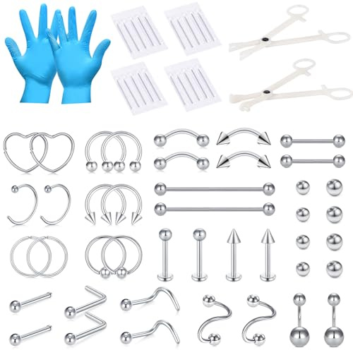 AceFun 66 Pezzi Kit Piercing Professionale per tutti,14G 16G 18G 20G aghi per piercing acciaio inossidabile orecchio naso setto ombelico capezzolo labbra sopracciglio smiley piercing corpo gioielli