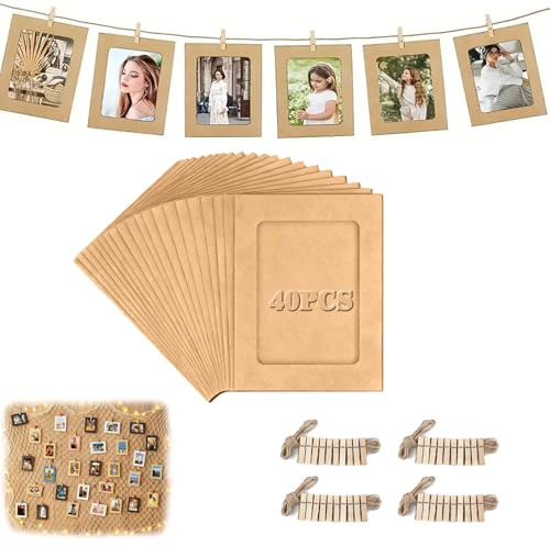 Hexizexi 40 Stück 7 Zoll Papier Bilderrahmen 13.5x18.5 cm Braun Fotogirlande mit 40 Holzklammern und 4 Rollen Hanfschnur Fototaschen zum Aufhängen Geeignet für Geburtstage Hochzeiten Wanddekoration