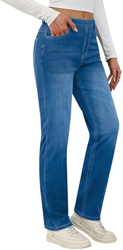 Desol - Pantalones vaqueros elásticos de pierna recta de mujer, de cintura alta, corte recto, slim-fit, leggings, casual, sin cremallera, Azul medio., L