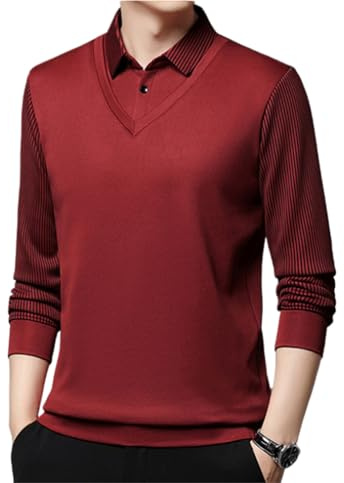 Hommes Rayé Revers Faux Deux Pièces Chemise Manches Longues Business Casual Chemises Hommes Manches Longues Faux Deux Pièces Tricoté, rouge vin, XL