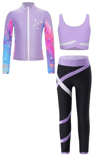Sinleey Enfant Fille Survêtement Sport 3Pcs Sweat et Legging et Brassière Ensemble Running Yoga Danse Patinage Gym Tenue Fitness B Violet clair 9-10 ans