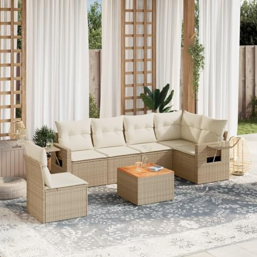 IBUQDDV Set di divani da giardino con cuscino, beige, in polyrattan, modulare, con rivestimenti rimovibili e pratici tavoli pieghevoli, resistenti alle intemperie, in rattan sintetico PE per terrazza