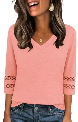 Zeagoo Blouse Femme Manches 3/4 Élégant Haut Col en V Décontracté Tunique Été Coupe Ample T-Shirt Mode Découpe Chemise S-3XL