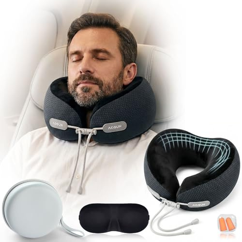 Travel Pillow for Airplane, Neck Pillow for Travel, Memory Foam Travel Neck Pillow for Adults, Washable Ergonomic Flight Neck Cushion with Flat-Back Design, Compact & Portable, with Carry Bag (Black)