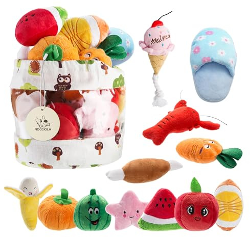 Nocciola - Confezione da 12 giocattoli per cani di taglia piccola e media, giocattoli per animali domestici, giocattoli con squeak, giocattoli di peluche, borsa per il trasporto