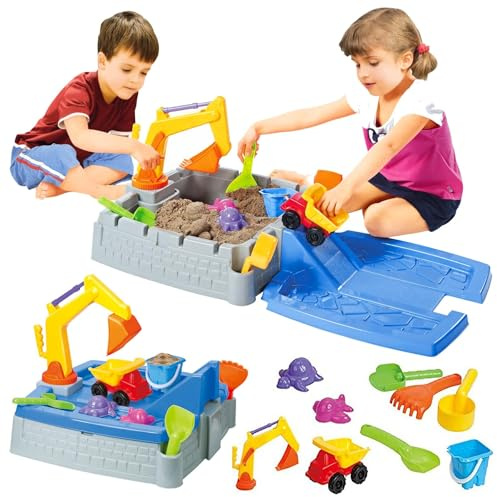 The Magic Toy Shop 2-in-1 Sand and Water Play Table with Truck, Crane, Shovel, Rake, and Sandpit Toys – Outdoor Kids Sandbox Garden Activity Set for Toddlers and Children Imaginative Play