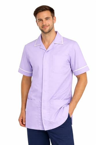 Skywear Men's Medical Healthcare Tunic, Nurse Hospital Dentist Uniform, Lilac with White, XL