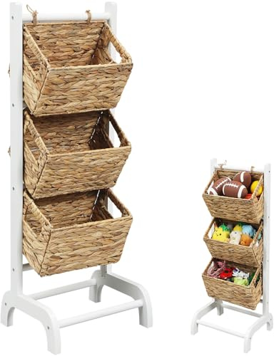 Menkxi Wicker 3 Tier Foldable Storage Basket Floor Rack with Market Storage Basket Water Hyacinth Storage Rack Hand Woven Laundry Rack for Bathroom Kitchen Laundry Room Living Room Storage(White)