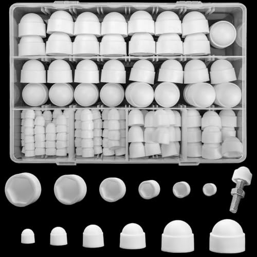 145 Pièces Cache Boulons Capuchon à Vis, Plastique Écrous Dôme, Ecrou Protection Hexagonal, Boulons Capuchon Écrou de Boulons Noir pour Machines Meubles Véhicules - M4/M5/M6/M8/M10/M12 (Blanc)