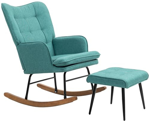 HOMCOM Silla Mecedora con Reposapiés, Sillón de Relax, con Cojín Acolchado, Respaldo Alto, Reposabrazos y Patas de Madera, Carga 130 kg, para Salón, Dormitorio, Verde Azulado