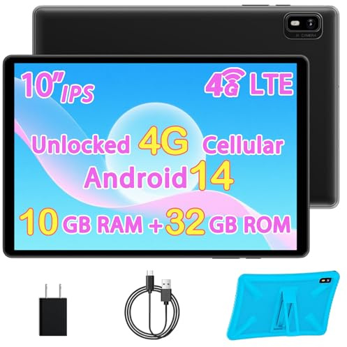 Topsand 10 Inch Tablet Android 14 Tablet with Sim Card Slot Unlocked, 10GB RAM, 32GB ROM, 1TB Expandable, 8MP Camera, 2.4G/5G WiFi, BT5.0, Cellular Tableta with GPS, Protective Case (Blue)